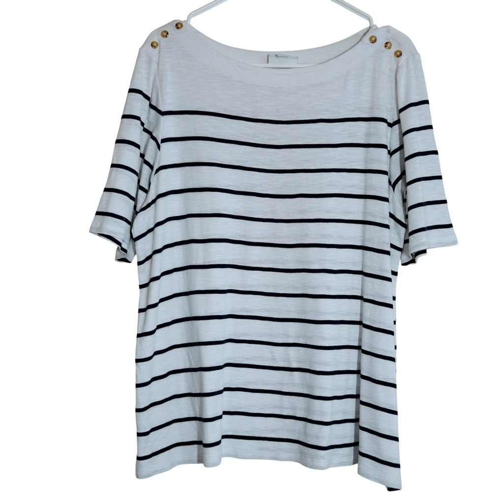 J. Jill Size Large White Black Striped Pima Cotton Boat Neck Button Shoulder Top